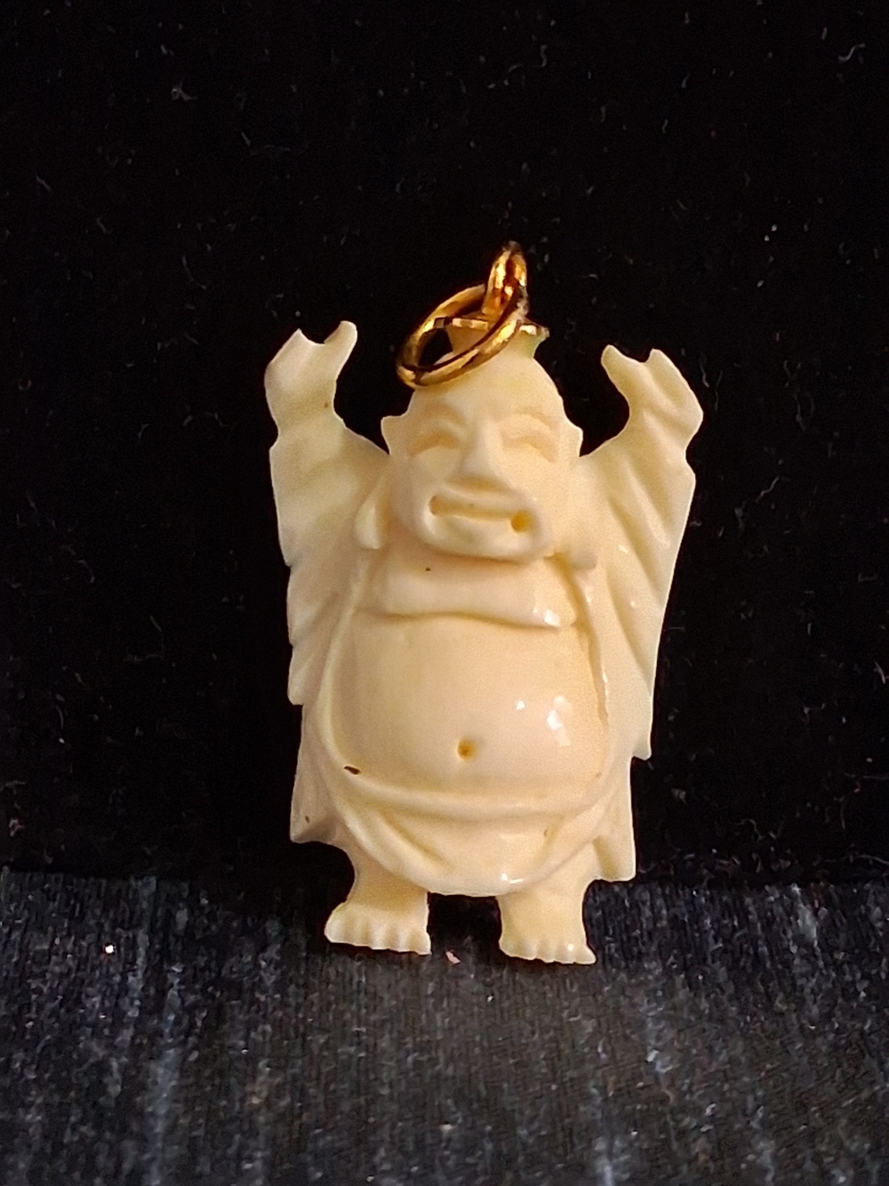 Vintage Carved Ivory-Color Happt Laughing Buddha Charm Necklace Pendant